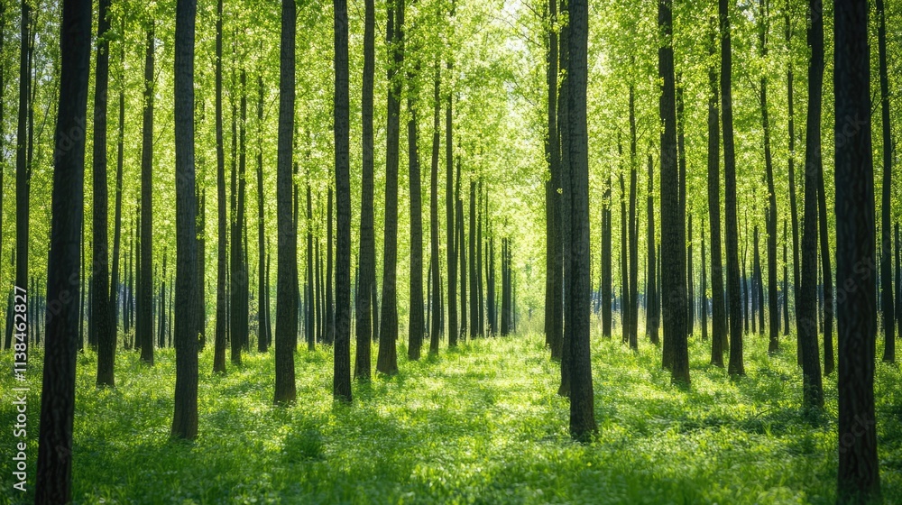 Naklejka premium Lush green forest with tall trees creating a serene and tranquil background for nature-themed projects and designs.