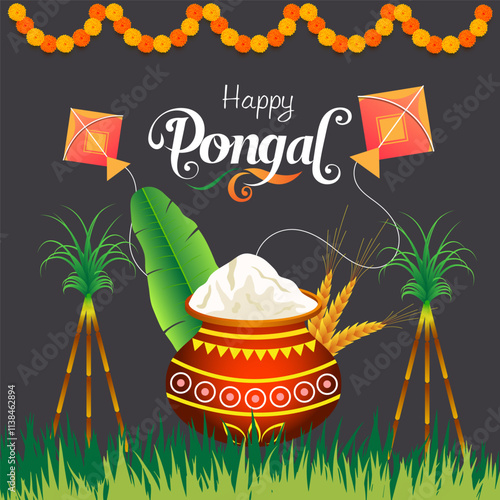  A clay pot of boiling milk and rice sugarcane banana leaves wheat stalks colorful kites marigold garlands and the words Happy Pongal It evokes the festive joyful spirit of the harvest celebration