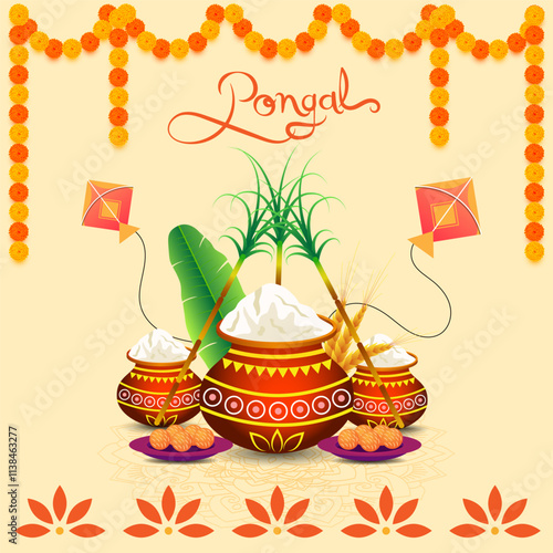 A vibrant Pongal illustration featuring traditional Pongal pots with boiling milk and rice sugarcane flying kites marigold garlands sweet Pongal bowls and festive Pongal text symbolizing joy 
