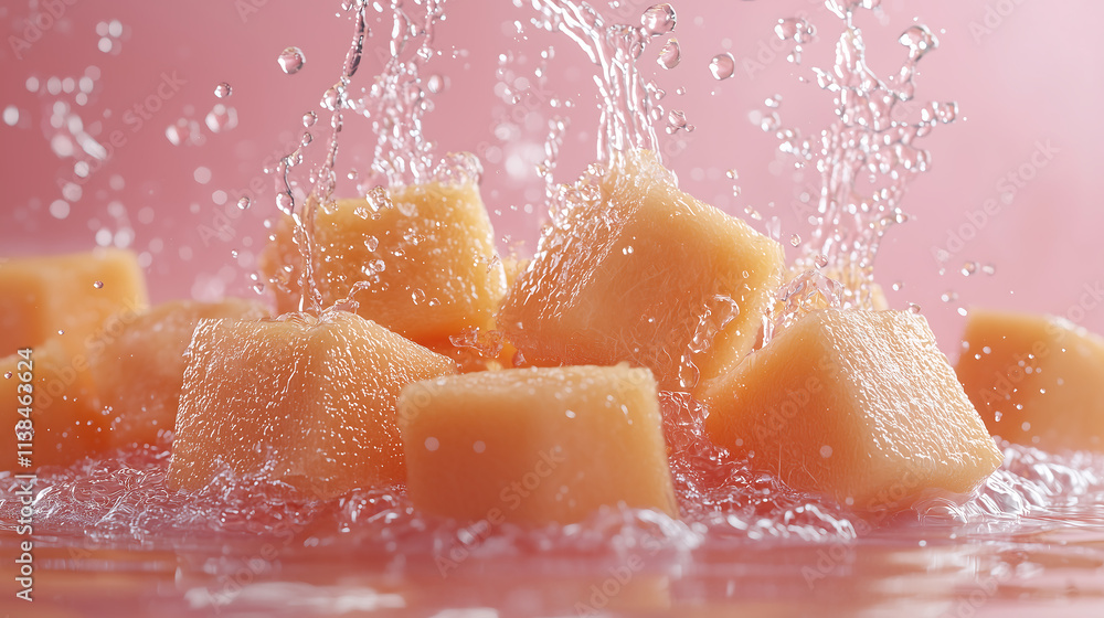 Fototapeta premium Fresh cantaloupe cubes splashing into water with pink background and dynamic motion