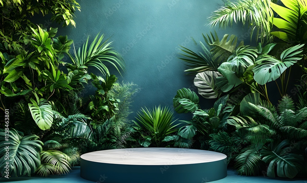 A minimalist 3D podium featured in a lush, tropical jungle A minimalist 3D podium featured in a lush, tropical jungle