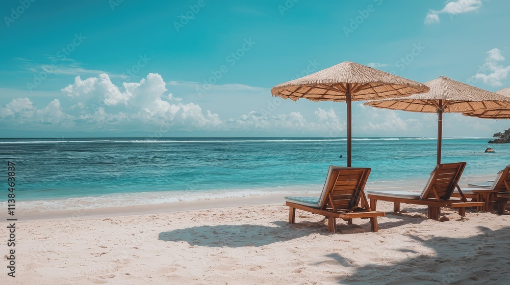 Tranquil Beach Scene with Sun Loungers Under Straw Umbrellas and Azure Waters on a Sunny Day with Fluffy Clouds in the Sky Tranquil Beach Scene with Sun Loungers Under Straw Umbrellas and Azure Waters on a Sunny Day with Fluffy Clouds in the Sky