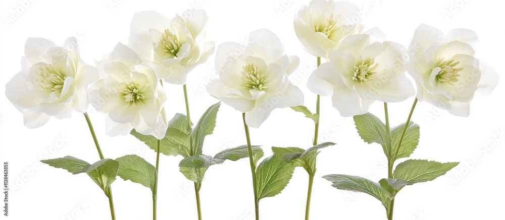Fototapeta premium Elegant white hellebore flowers arranged with lush green leaves on a bright white background for floral design and decoration concepts