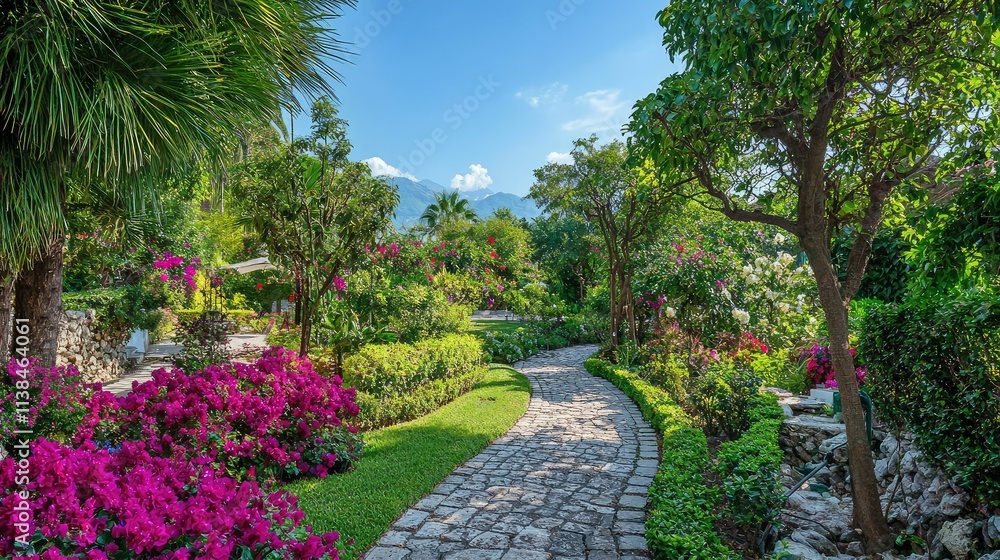 Serene Garden Pathway Surrounded by Vibrant Foliage and Colorful Flowers Under a Bright Blue Sky with Lush Greenery in a Peaceful Landscape Serene Garden Pathway Surrounded by Vibrant Foliage and Colorful Flowers Under a Bright Blue Sky with Lush Greenery in a Peaceful Landscape