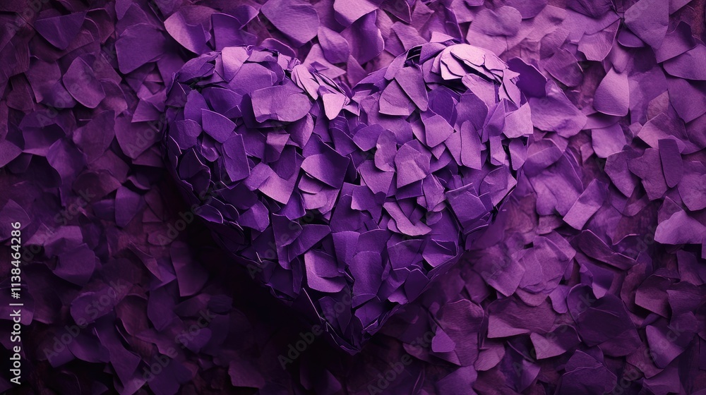 Fototapeta premium Vibrant violet heart crafted from textured paper strips against a rich purple background showcasing creativity and artistic composition
