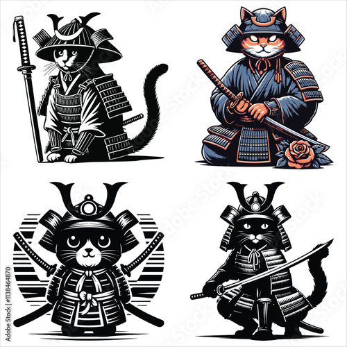 japanese samurai cat vector art illustration