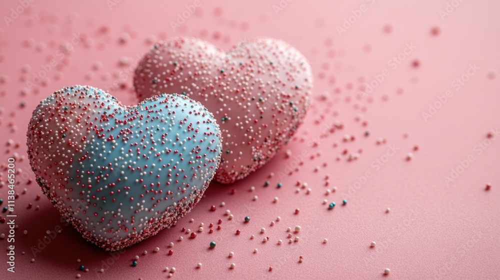 Obraz premium Heart-shaped cakes with colorful sprinkles on a bright pink background, perfect for Valentine's Day or birthday celebrations