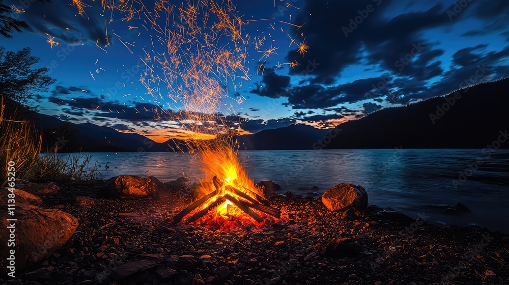 Mesmerizing Campfire Sparks Glowing Against a Tranquil Lake at Dusk with Mountains in the Background, Creating a Peaceful and Serene Outdoor Atmosphere Mesmerizing Campfire Sparks Glowing Against a Tranquil Lake at Dusk with Mountains in the Background, Creating a Peaceful and Serene Outdoor Atmosphere