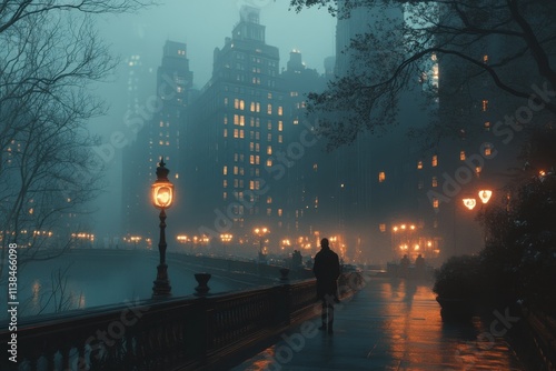 Evening stroll by the river urban cityscape photography misty environment serene viewpoint atmospheric mood