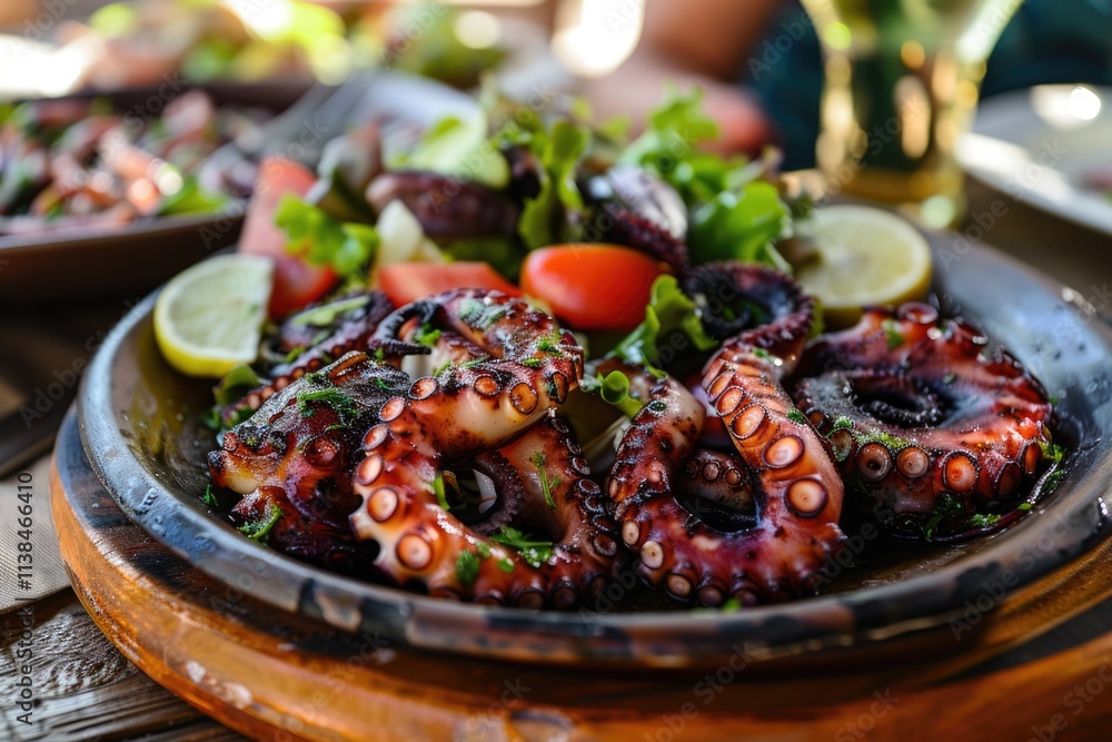 Octopus Food. Grilled Octopus Dish with Salad in Crete, Greece Octopus Food. Grilled Octopus Dish with Salad in Crete, Greece