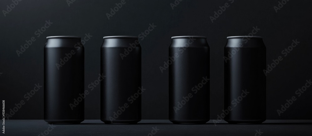 Sleek black canned beverages arranged in low light showcasing modern minimalist design and branding potential for advertising purposes. Sleek black canned beverages arranged in low light showcasing modern minimalist design and branding potential for advertising purposes.