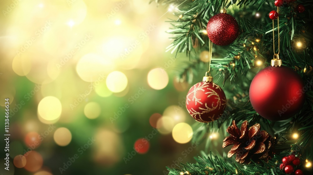 Festive Bokeh Background of Decorated Christmas Tree with Ornaments and Warm Holiday Lights Festive Bokeh Background of Decorated Christmas Tree with Ornaments and Warm Holiday Lights