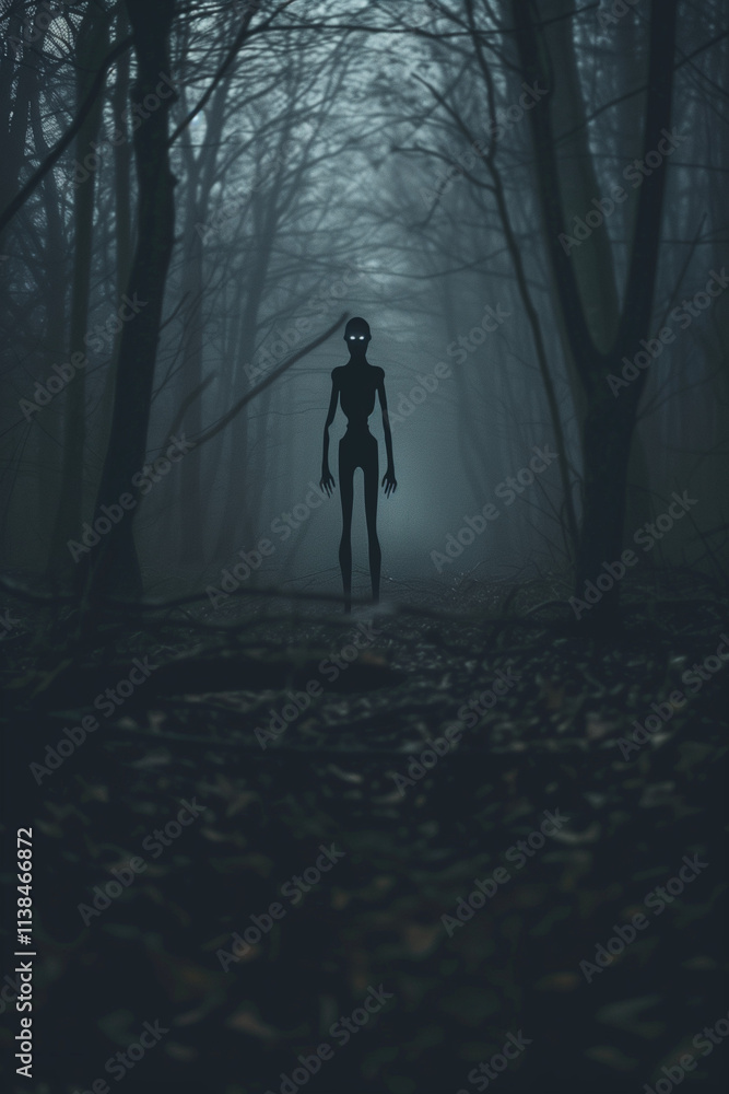 A horrifying figure standing in a dark forest, its elongated limbs and glowing eyes barely visible through the dense fog. A horrifying figure standing in a dark forest, its elongated limbs and glowing eyes barely visible through the dense fog.
