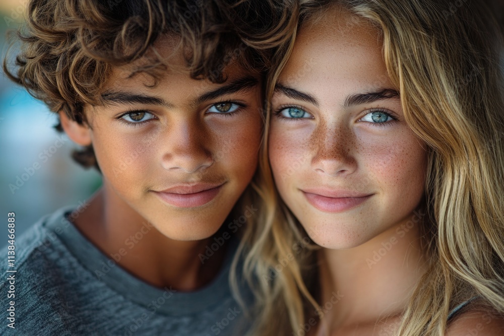 A young boy and girl smiling together in front of the camera, a moment captured A young boy and girl smiling together in front of the camera, a moment captured