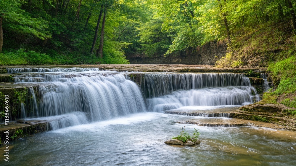Serene cascading waterfall in lush green forest with smooth river flow and rocky shoreline on a tranquil mountain slope Serene cascading waterfall in lush green forest with smooth river flow and rocky shoreline on a tranquil mountain slope