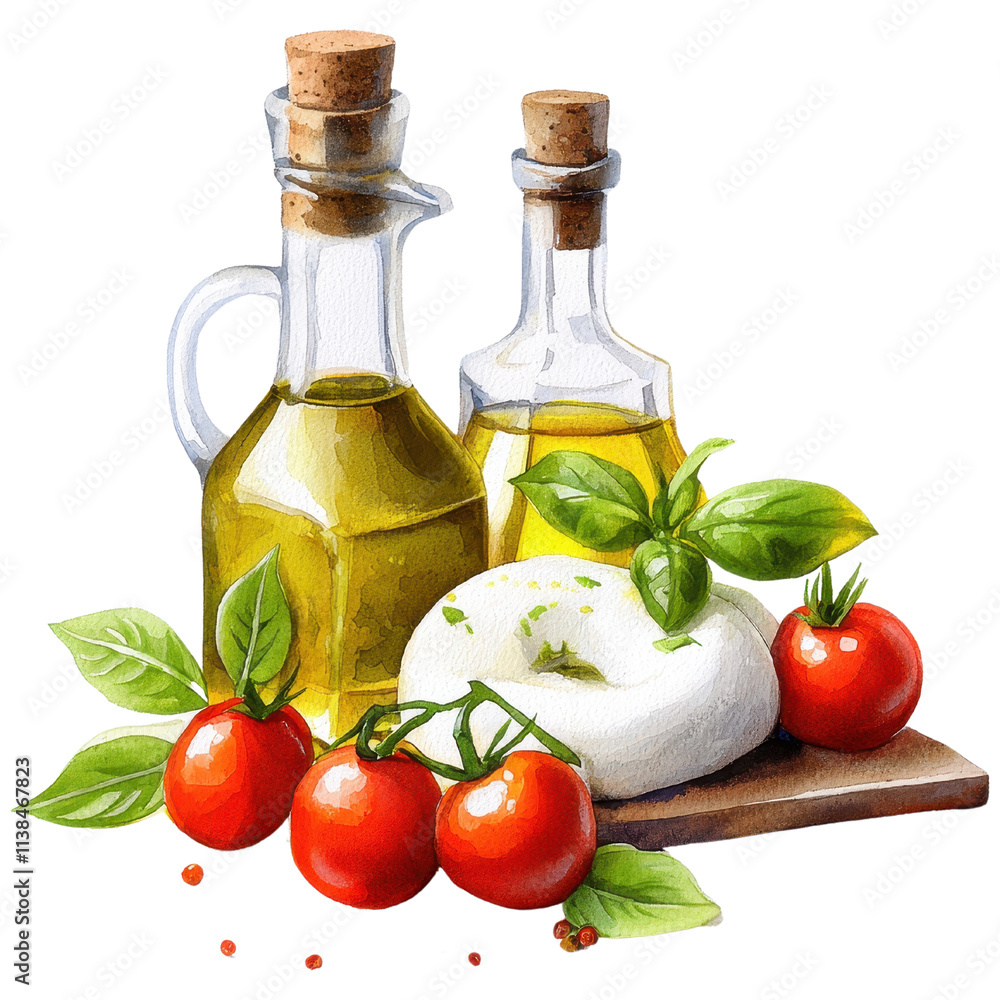 Fresh Olive Oil and Cheese with Cherry Tomatoes and Basil Leaves on Wooden Board in Rustic Kitchen Style Fresh Olive Oil and Cheese with Cherry Tomatoes and Basil Leaves on Wooden Board in Rustic Kitchen Style