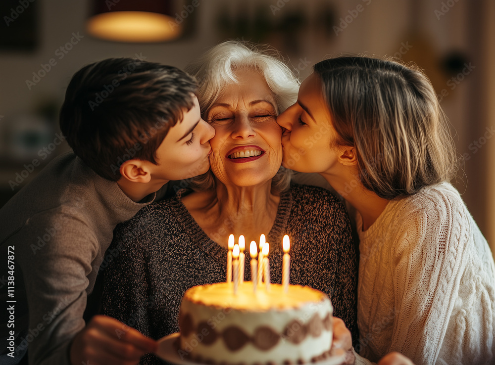 A joyful elderly woman celebrating her birthday, smiling brightly as a young man and woman kiss her cheeks. A lit birthday cake is in the foreground, creating a warm, family-focused moment. A joyful elderly woman celebrating her birthday, smiling brightly as a young man and woman kiss her cheeks. A lit birthday cake is in the foreground, creating a warm, family-focused moment.