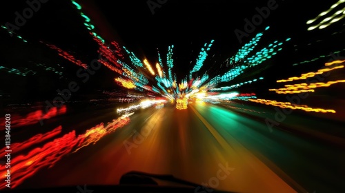 Dynamic night traffic light trails with vibrant colors creating a sense of speed and motion on a city road. photo