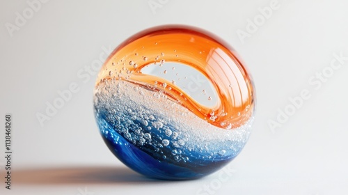 Macro shot of a two-tone glass paperweight featuring vibrant orange and blue hues with visible air bubbles and unique glass imperfections