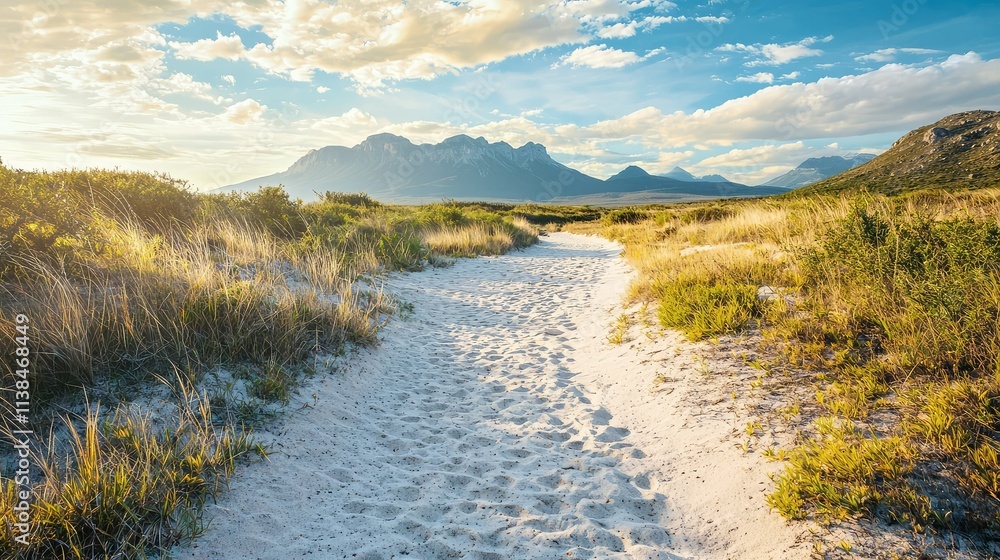 Fototapeta premium Scenic Pathway Through Sandy Dunes and Lush Greenery Under a Bright Sky with Mountains in the Background Showcasing the Beauty of Nature