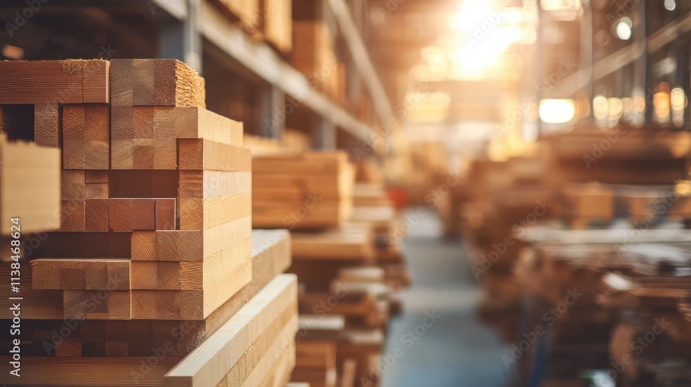 Obraz premium Woodworking industry workshop with wood stacks and tools in a warm, sunlit environment showcasing craftsmanship and trade activities.