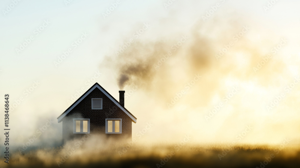 Particulate matter, air quality home concept. cozy house with smoke rising from chimney, surrounded by fog Particulate matter, air quality home concept. cozy house with smoke rising from chimney, surrounded by fog