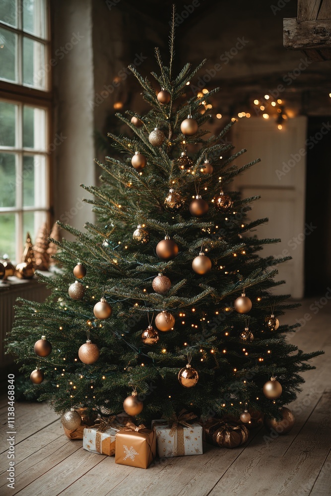 A decorated Christmas tree with gold ornaments and presents, ideal for holiday season use A decorated Christmas tree with gold ornaments and presents, ideal for holiday season use