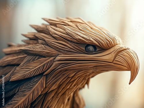 A close-up of an intricately carved wooden eagle totem, showcasing detailed feathers and a sharp beak, set against a softly blurred background, creating a majestic and artistic scene photo