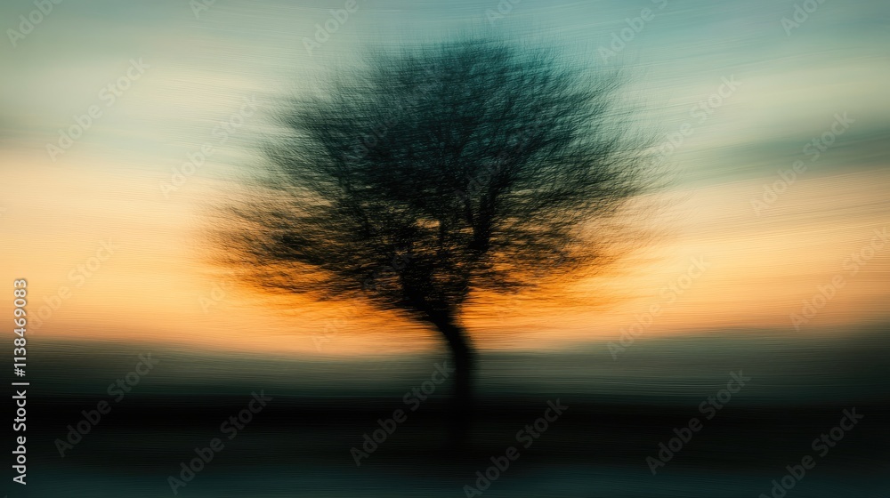 Silhouette of a blurred leafless tree against a vibrant sunset backdrop creating an abstract and serene atmosphere Silhouette of a blurred leafless tree against a vibrant sunset backdrop creating an abstract and serene atmosphere