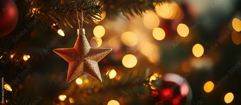 Warm golden bokeh background with Christmas ornaments and a star hanging from a tree creating a festive holiday atmosphere Warm golden bokeh background with Christmas ornaments and a star hanging from a tree creating a festive holiday atmosphere
