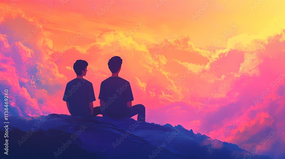 Obraz premium Two friends sitting on a rocky ledge, watching a vibrant sunset over a colorful sky filled with clouds at twilight