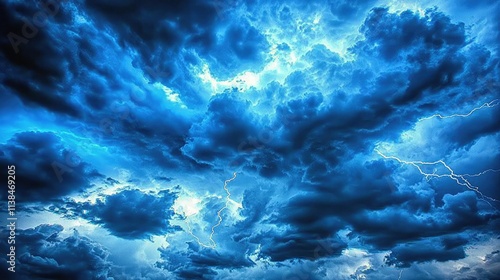 Dramatic Thunderstorm Sky with Dark Clouds and Lightning Illuminating the Atmosphere at Dusk, Capturing the Raw Power of Nature in Stunning Detail