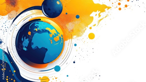 Vibrant Abstract Illustration of Earth with Colorful Splashes and Dynamic Lines Representing Global Connectivity and Space Concepts in a Modern Design photo