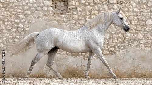 Grey horse walking near stone wall.
