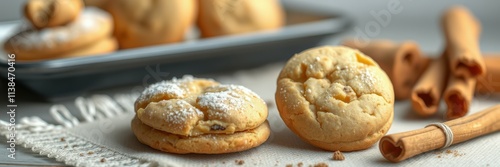 Homemade cookies on a table decorated with cinnamon sticks and powdered sugar photo