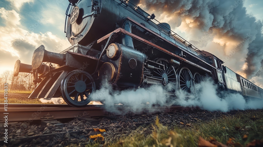 Fototapeta premium A close-up of the vintage high-speed train powerful engine, with steam clouds rising as it moves through the rural countryside