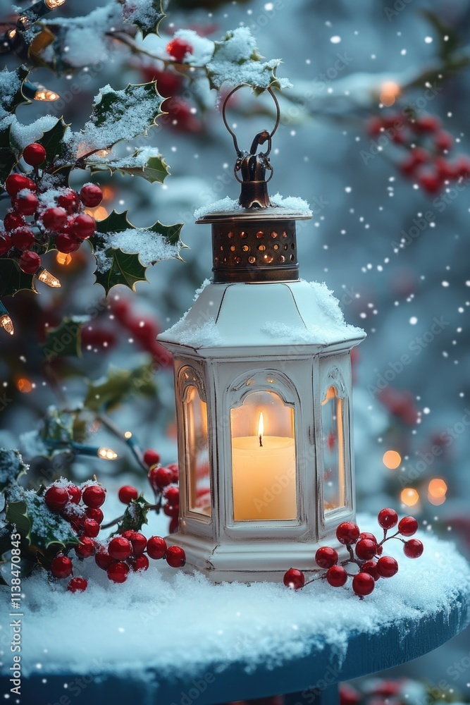 A decorative white lantern sits atop a snowy table, holding a lit candle A decorative white lantern sits atop a snowy table, holding a lit candle