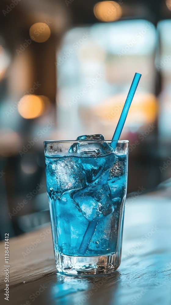 Refreshing Blue Drink with Ice Cubes and Straw Set Against a Blurred Background in a Cozy Cafe Atmosphere Ideal for Beverage Photography Refreshing Blue Drink with Ice Cubes and Straw Set Against a Blurred Background in a Cozy Cafe Atmosphere Ideal for Beverage Photography