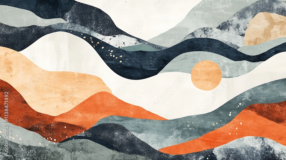 Abstract Mountain Landscape with Sun and Earthy Tones Abstract Mountain Landscape with Sun and Earthy Tones