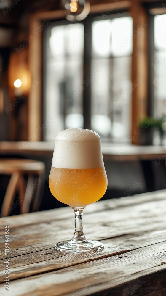 Elegant glass of golden beer with frothy head sitting on rustic wooden table in a cozy bar setting featuring warm lights and a blurred background Elegant glass of golden beer with frothy head sitting on rustic wooden table in a cozy bar setting featuring warm lights and a blurred background
