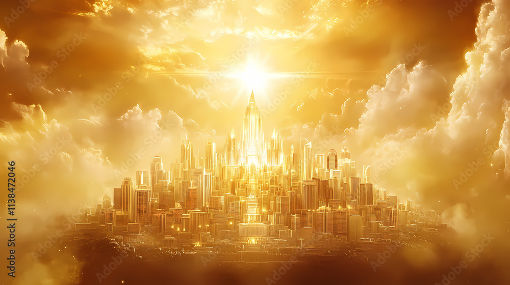 Fototapeta premium The holy city of new jerusalem a revelation of gold. concept religious symbolism, spiritual significance, heavenly city, golden revelation. Heavenly. Illustration
