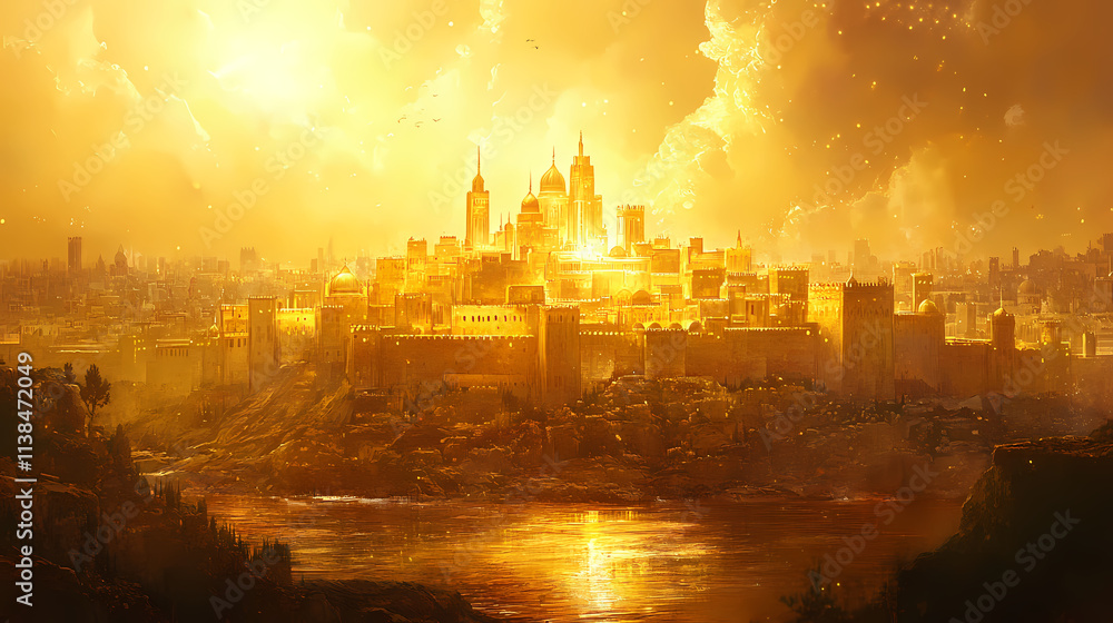 Fototapeta premium The holy city of new jerusalem a revelation of gold. concept religious symbolism, spiritual significance, heavenly city, golden revelation. Heavenly. Illustration