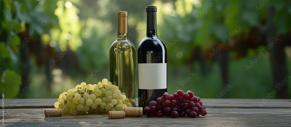 Fototapeta premium Wine bottles with corks and fresh grapes on rustic wooden table in vineyard setting showcasing a rich wine culture and indulgence