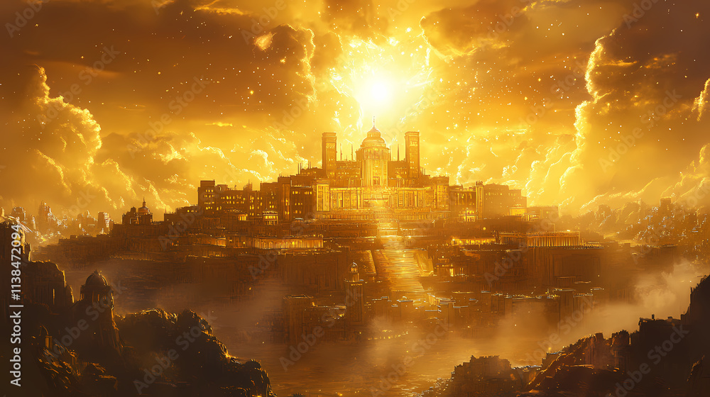 Fototapeta premium The holy city of new jerusalem a revelation of gold. concept religious symbolism, spiritual significance, heavenly city, golden revelation. Heavenly. Illustration