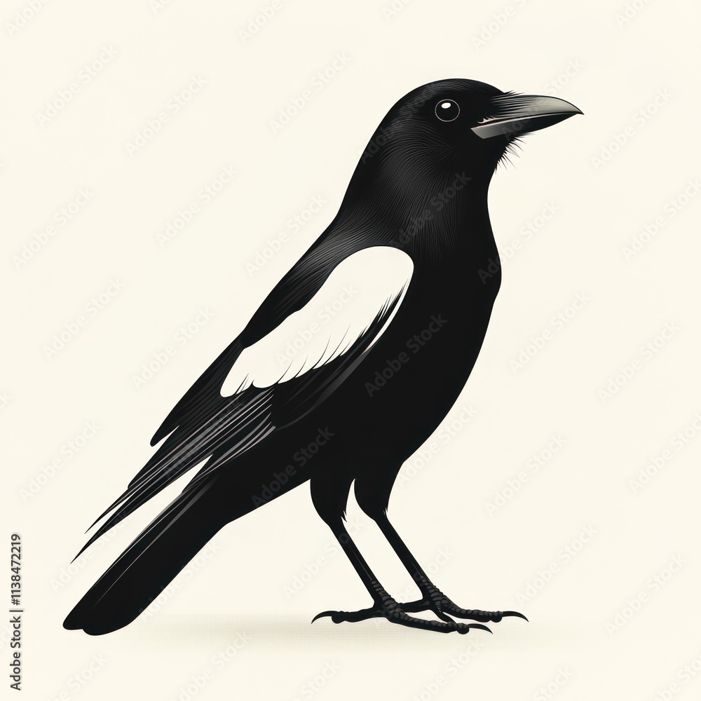 Black bird with white wing patch illustration. Black bird with white wing patch illustration.