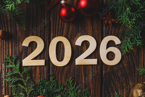 Wallpaper Mural Wooden numbers 2026 on a wooden background surrounded by green branches of thuja and cypress Torontodigital.ca