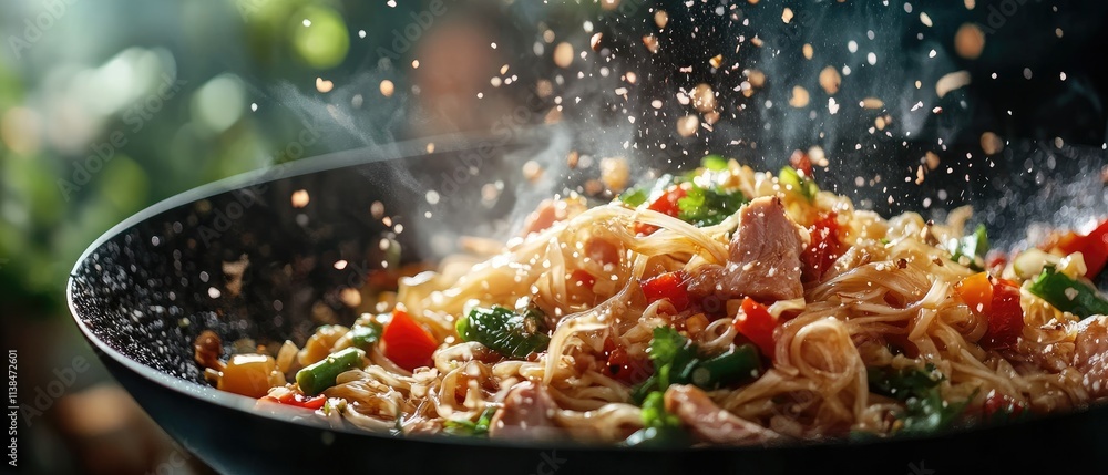 Steaming noodles with meat and vegetables in a wok. Steaming noodles with meat and vegetables in a wok.