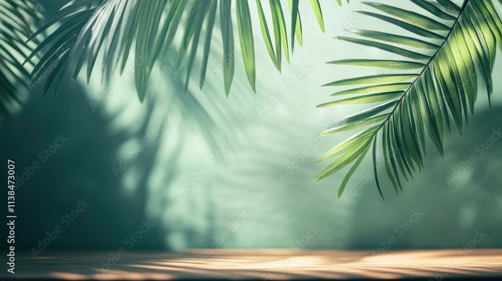 Fototapeta premium Tropical palm leaves casting soft shadows on a serene wall and tabletop creating a calming summer atmosphere