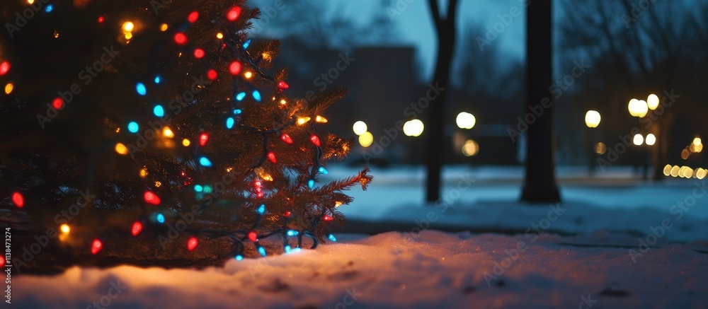 Obraz premium Bokeh of colorful Christmas lights on a snowy evening with trees and glowing street lamps in the background