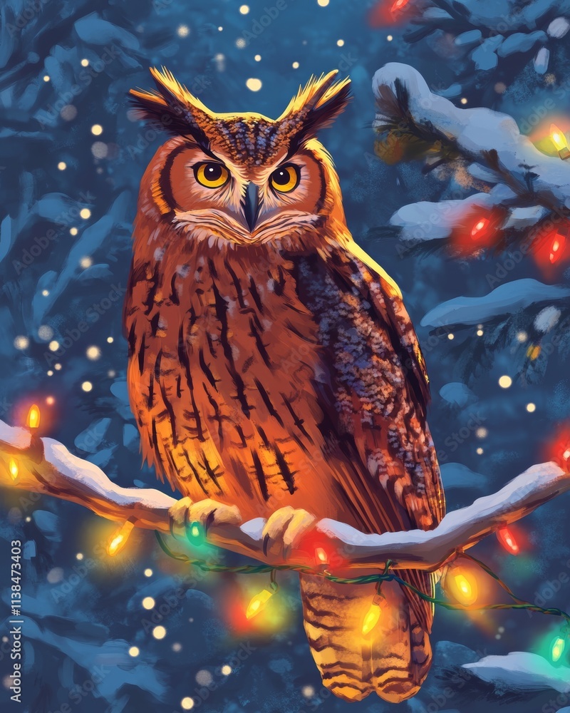 Owl in Winter Wonderland with Christmas Lights Owl in Winter Wonderland with Christmas Lights